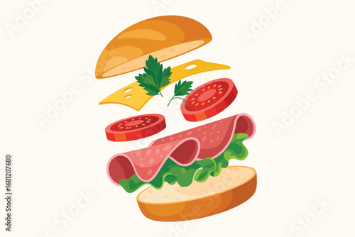 Deconstructed sandwich ingredients floating in mid air