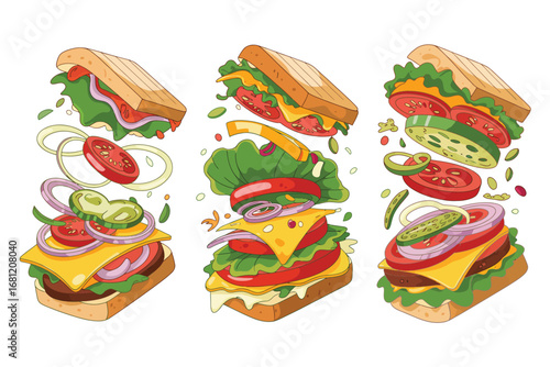 Three delicious gourmet sandwiches with fresh ingredients exploding outwards