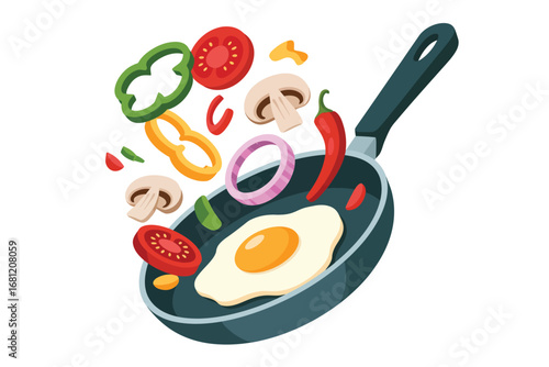 Fresh vegetables and fried egg flying into a frying pan