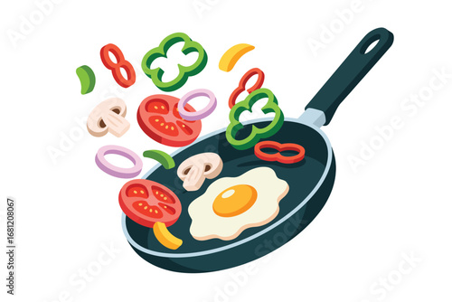 Frying pan with flying vegetables and fried egg for cooking