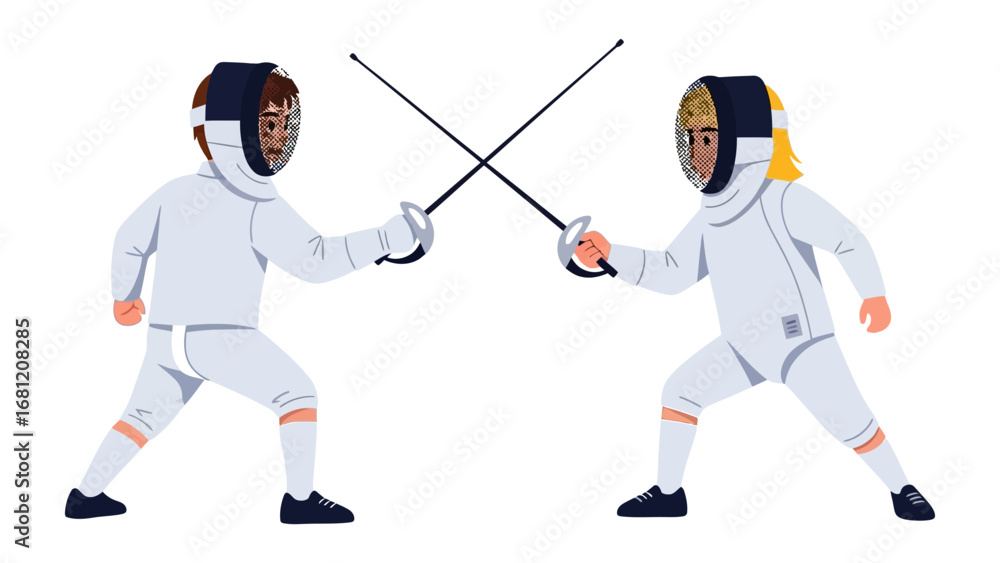 Obraz premium Fencing Duel: Two fencers, masked and armored, engage in a dynamic duel with their épées crossed, capturing the skill, focus, and intensity of the sport.