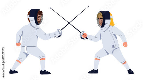 Fencing Duel: Two fencers, masked and armored, engage in a dynamic duel with their épées crossed, capturing the skill, focus, and intensity of the sport.