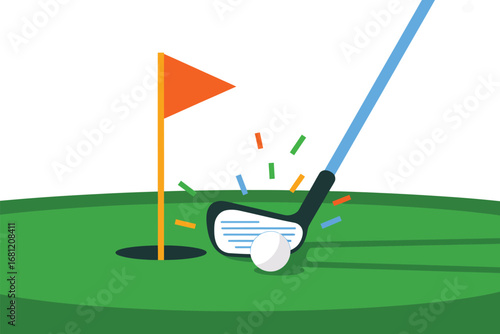 Golf club hitting a ball into the hole with a flag on a green