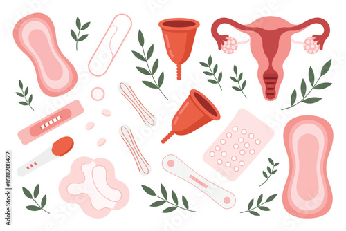 Collection of feminine hygiene products and female reproductive system illustration
