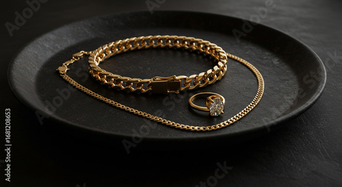 Elegant gold bracelet and diamond ring displayed on a dark textured surface, exuding luxury and sophistication.