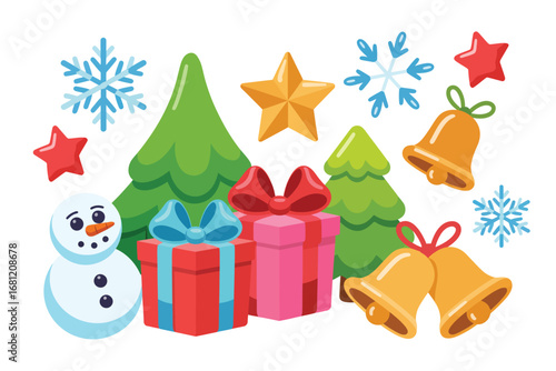 Festive christmas collection with snowman trees gifts bells and snowflakes