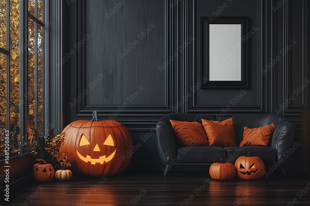 Obraz premium Spooky Halloween scene with glowing jack-o'-lanterns and cozy couch in a dark, elegant room