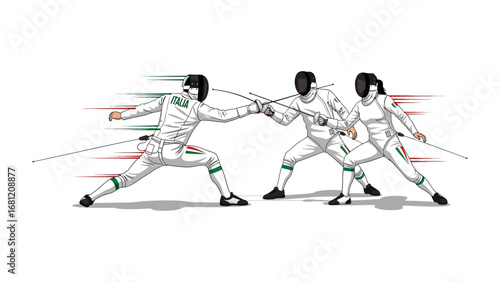 Dynamic Fencing Duel: A captivating illustration showcases a dynamic fencing match, with three athletes engaged in a fast-paced and strategic display of skill and precision.