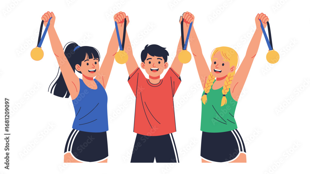 Obraz premium Triumphant Trio of Champions: In a moment of pure elation, a group of three athletes raise their gold medals high, epitomizing success. 