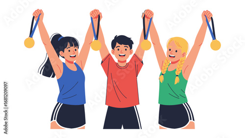 Triumphant Trio of Champions: In a moment of pure elation, a group of three athletes raise their gold medals high, epitomizing success. 