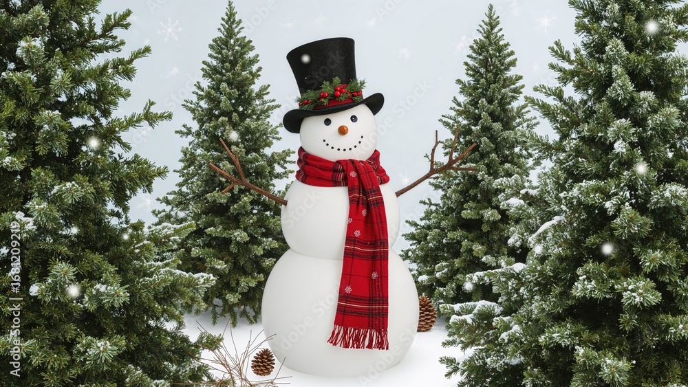 Obraz premium Holiday Snowman Donning a Tall Hat and Scarlet Scarf Near a Fir Tree and Mistletoe