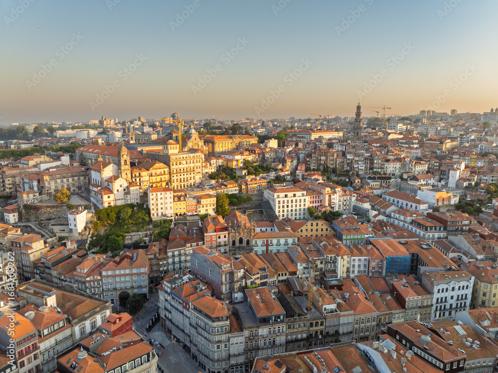 Obraz premium Porto City Downtown, Old Town, Portugal. Sunrise, Golden Hour, Drone