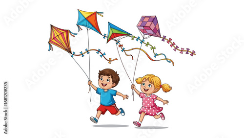 Joyful Skyward Journey: Two cheerful children chase the wind, their colorful kites dancing in the blue sky, a picture of carefree innocence and the simple pleasure of outdoor play.
