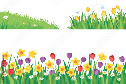Vibrant spring flower border with daffodils tulips and green grass