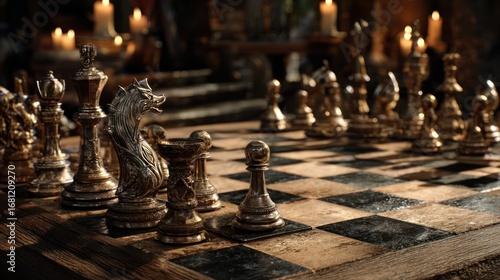 Antique chess pieces on wooden board