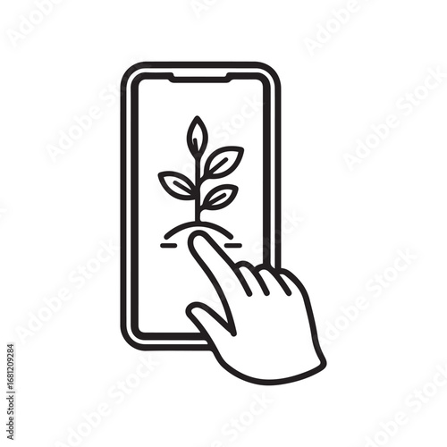 Mobile Gardening Icon Hand Tapping Sprout on Smartphone Screen Display