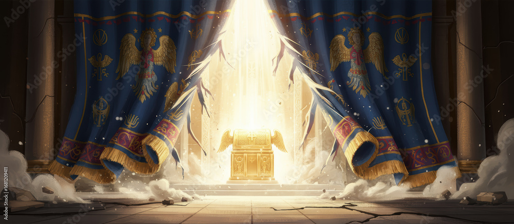 Fototapeta premium The temple veil tears, revealing the Ark of the Covenant. An epic biblical scene symbolizing Jesus's sacrifice, the new covenant, and direct access to the presence of God. 