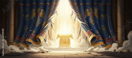 The temple veil tears, revealing the Ark of the Covenant. An epic biblical scene symbolizing Jesus's sacrifice, the new covenant, and direct access to the presence of God.
