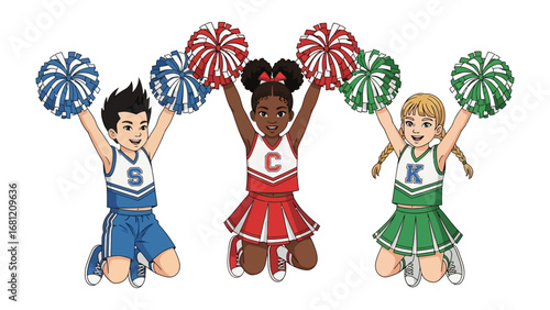 Cheerleading Squad in Action: A group of cheerleaders energetically celebrate with pom-poms and spirited enthusiasm, each member adorned in vibrant team colors.