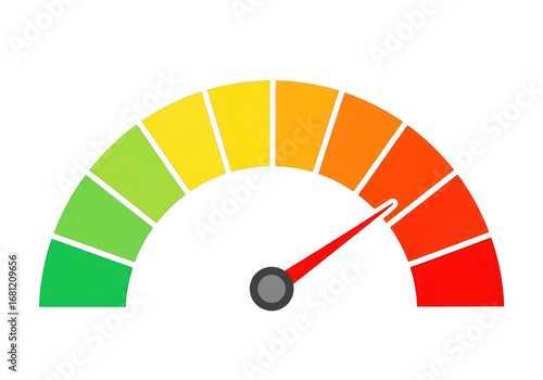 Colorful gauge meter showing performance level with a red needle isolated on transparent background