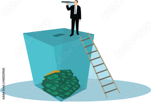 Businessman Looking Into a Money Box with Ladder