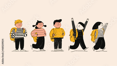 Happy school children with backpacks returning to class, teamwork friendship and education illustration design