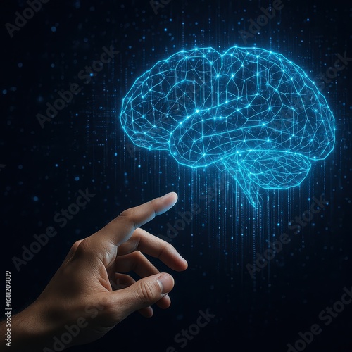 Wallpaper Mural Human Hand Reaching Toward Glowing Digital Brain Network Representing AI Partnership Concept Torontodigital.ca