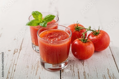 Wallpaper Mural Fresh ripe tomatoes on the vine alongside glasses filled with tomato juice on a white wooden surface with space for text Torontodigital.ca