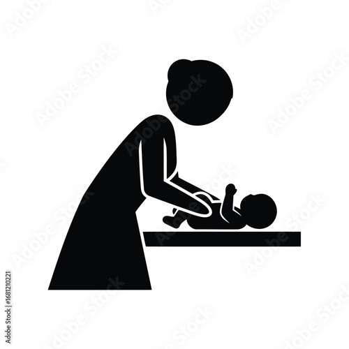 Vector illustration of mother changing baby diaper on changing table