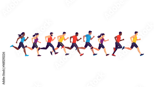 Dynamic Race: A diverse group of athletes strides powerfully across a track, showcasing the essence of speed, competition, and the pursuit of peak performance.