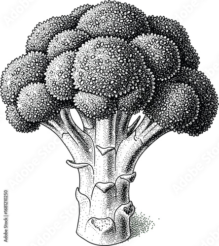 Broccoli: A highly detailed line art drawing of a broccoli head with a thick stem and intricate texture, in a realistic, hand-drawn sketch style.