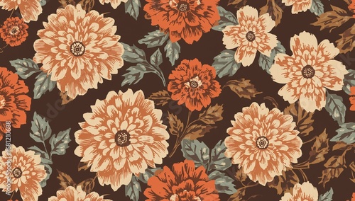 Elegant vintage seamless pattern with stylized orange and beige chrysanthemums on a rich dark brown background