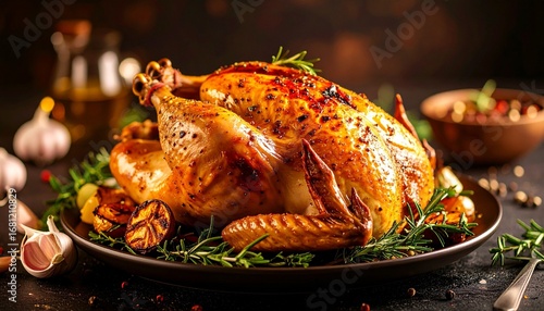 whole roasted chicken with crispy golden skin and herbs on black plate against dark background