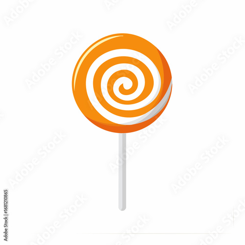 A vibrant orange and white swirl lollipop depicted as a clean flat vector icon. This classic round candy on a stick is a perfect symbol for sweets and confections