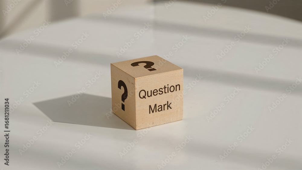 Fototapeta premium Wooden cube with question mark placed on surface. Frequently Asked Questions and responses.