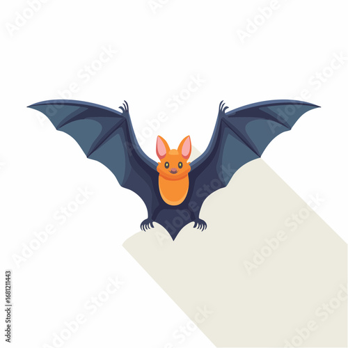 Flat vector illustration of a cute flying bat with orange and blue colors, featuring a simple geometric design isolated on a white background