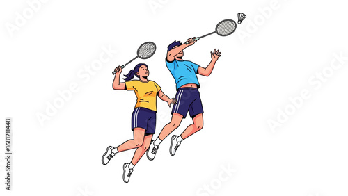 Dynamic Duo in Badminton Action: A vivid illustration captures the energy and skill of a dynamic duo engaged in an electrifying badminton match, showcasing teamwork, athleticism.