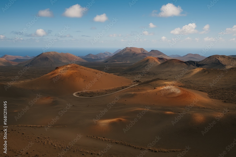 Fototapeta premium Explore the volcanic terrain and fiery scenery of a renowned national park located in the eastern part of the Canary Islands
