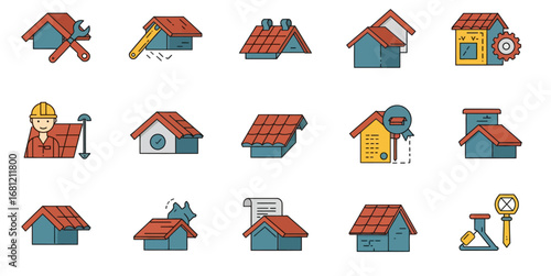 Collection of Flat Icons Representing Roofing Services and Construction.