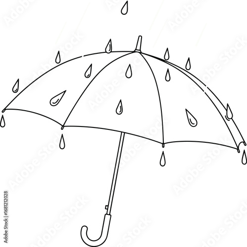 Umbrella: A clean line art illustration of an open umbrella with raindrops, symbolizing rain, weather, and protection.