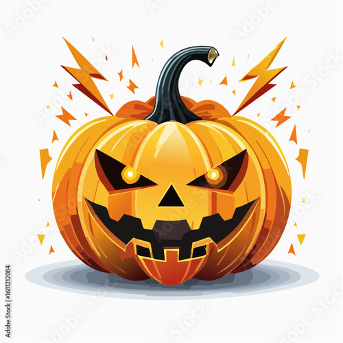 Scary Jack-o'-Lantern with Fiery Lightning Bolt Eyes, Geometric Flat Style, Bold Orange and Yellow Halloween Illustration