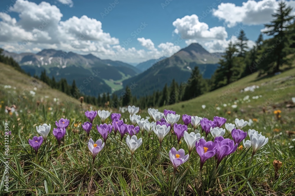 Fototapeta premium Stunning crocus blossoms in a mountainous spring valley