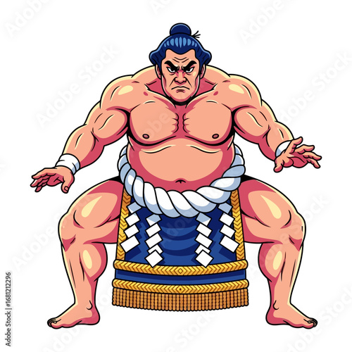 Sumo Wrestler's Stance: A formidable illustration of a Sumo wrestler in his iconic stance, muscles bulging, showcasing the strength and tradition of this ancient sport.