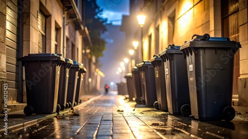 Empty alleyway at night with trash containers