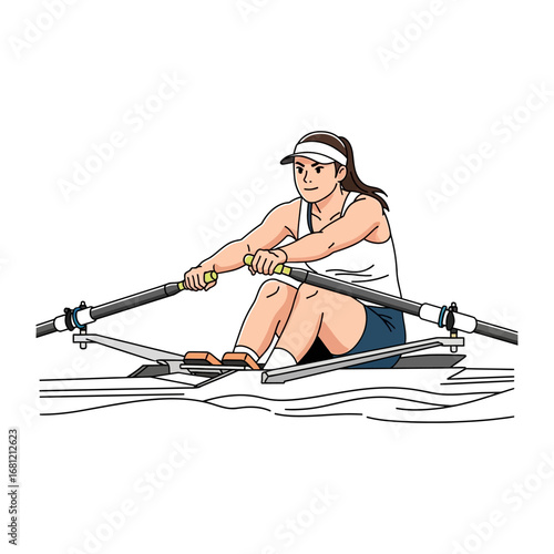 Rowing Athlete on Water: A determined rower expertly navigates the water, meticulously maneuvering her craft in pursuit of precision and athletic prowess.