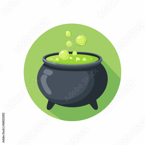 Cartoon illustration of a bubbling green witch's cauldron with a frothy brew, perfect for Halloween decorations