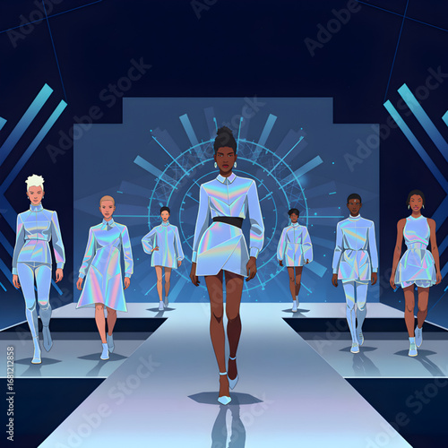 Six diverse models on futuristic light-blue runway