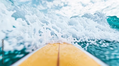 Surfboard riding waves in a vibrant ocean setting.