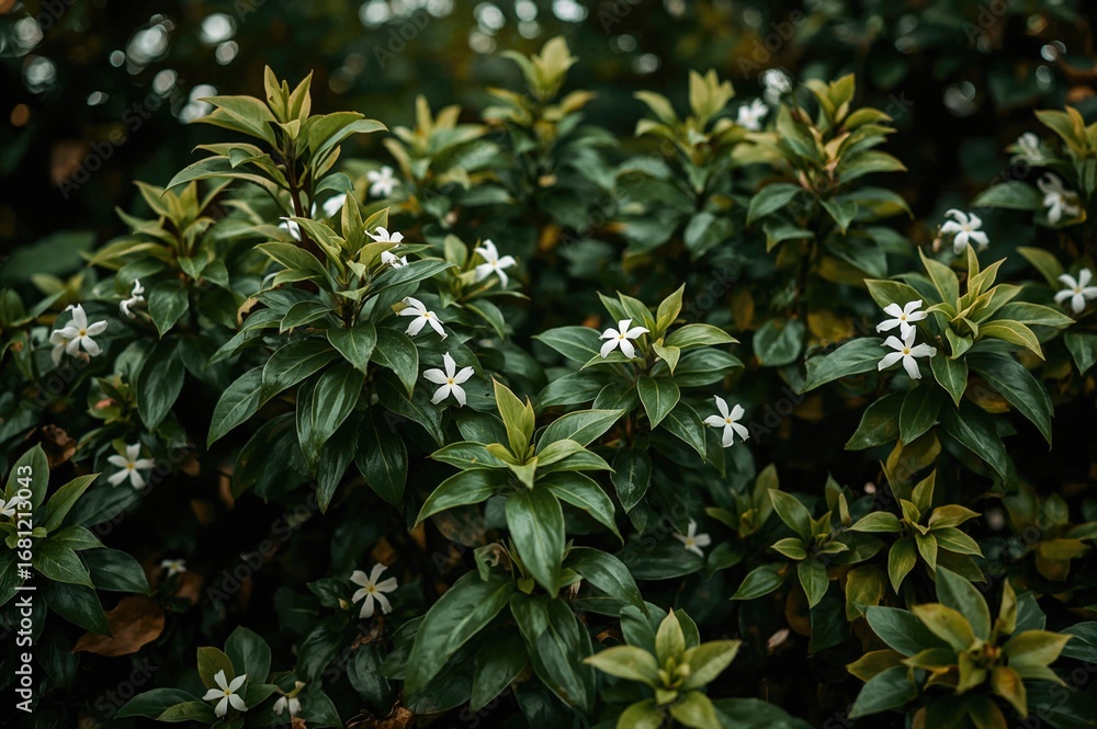 Obraz premium Lush Jasmine foliage flourishing in front of a soft-focus background