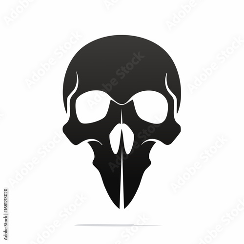 Stylized dark skull vector icon with a unique, sharp lower jaw design, an abstract and ominous digital illustration perfect for various graphic design projects